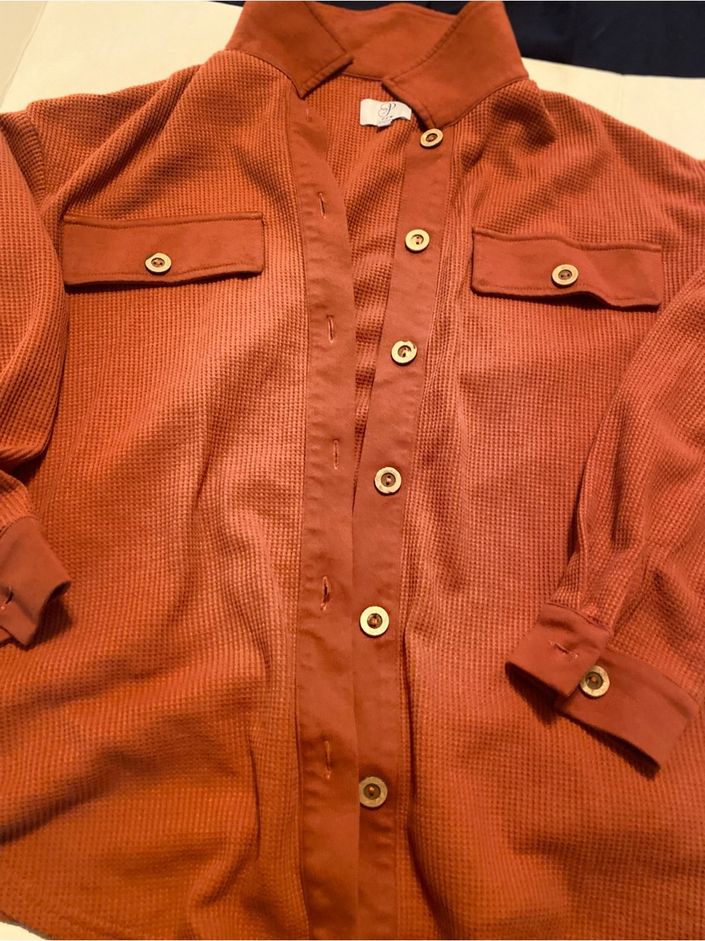 Waffle-Knit Button-Down Shirt in Rust Orange